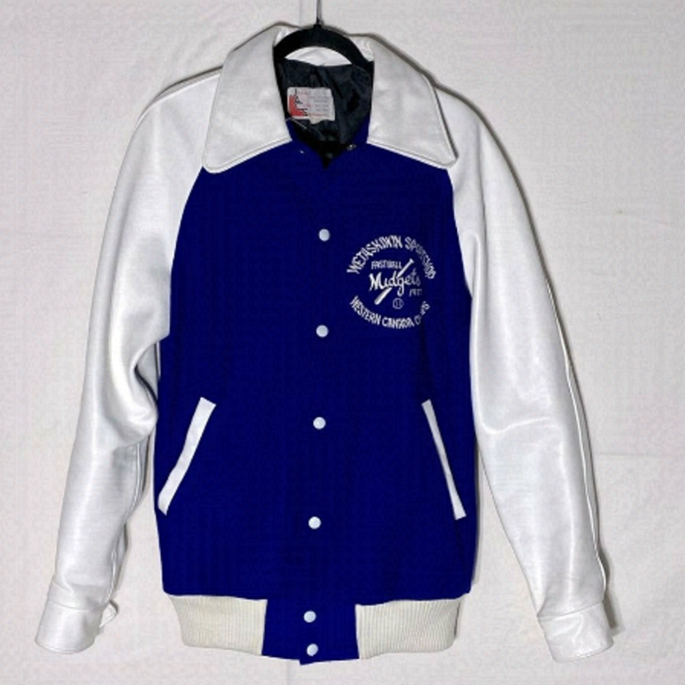 Vintage ‘77 Blue Varsity Jacket W White Leather Sleeves Wetaskiwin Sportshop S